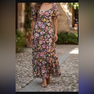 Amisu Floral Puff Sleeve Midi Dress - Pink, Yellow, Green